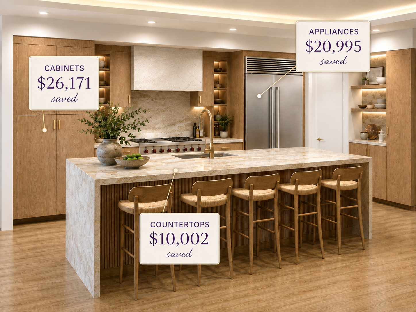 Before and after of a high-end Florida kitchen remodel showing savings
