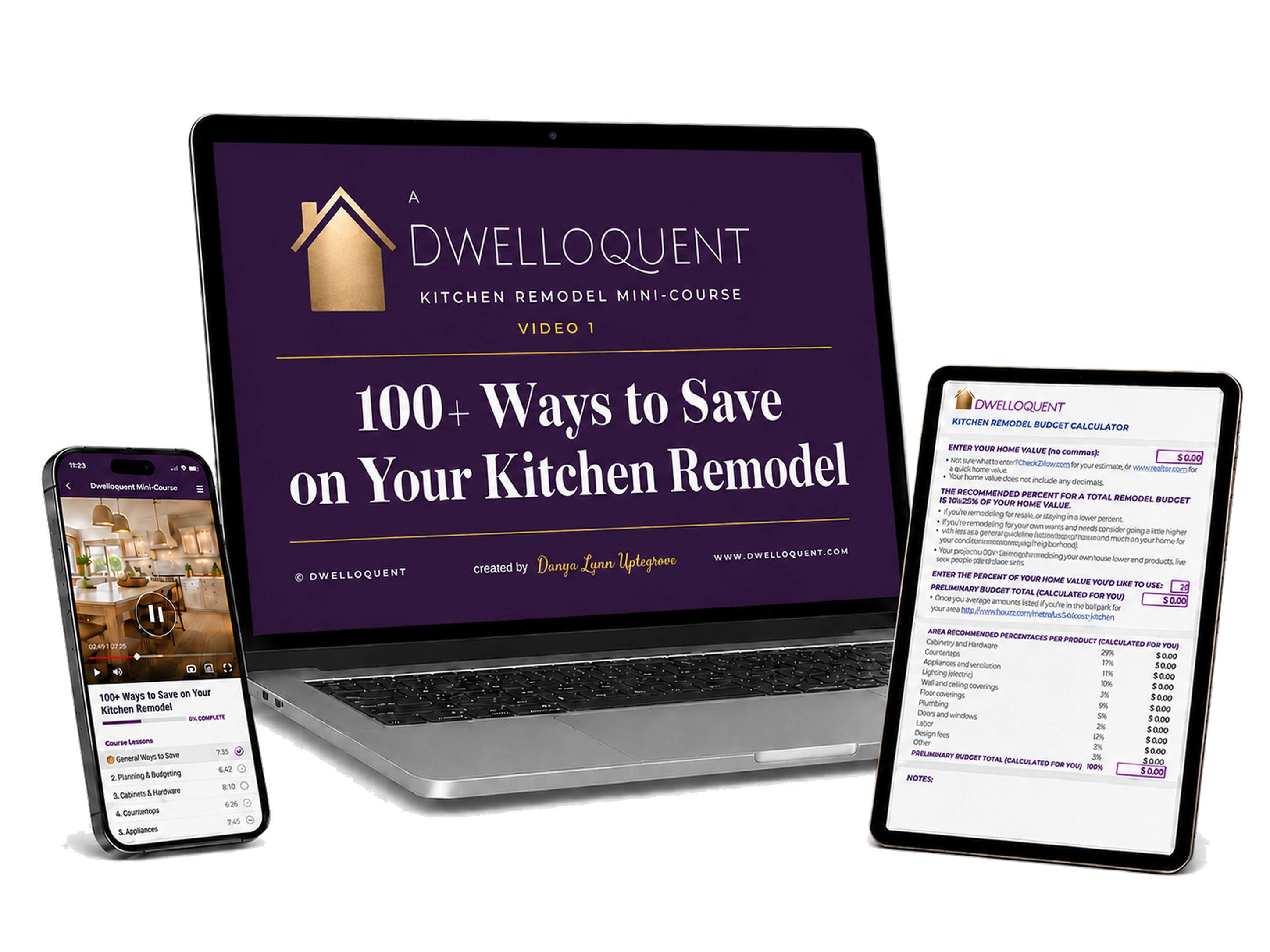 100+ Ways to Save on Your Kitchen Remodel mini-course shown on laptop, tablet, and phone