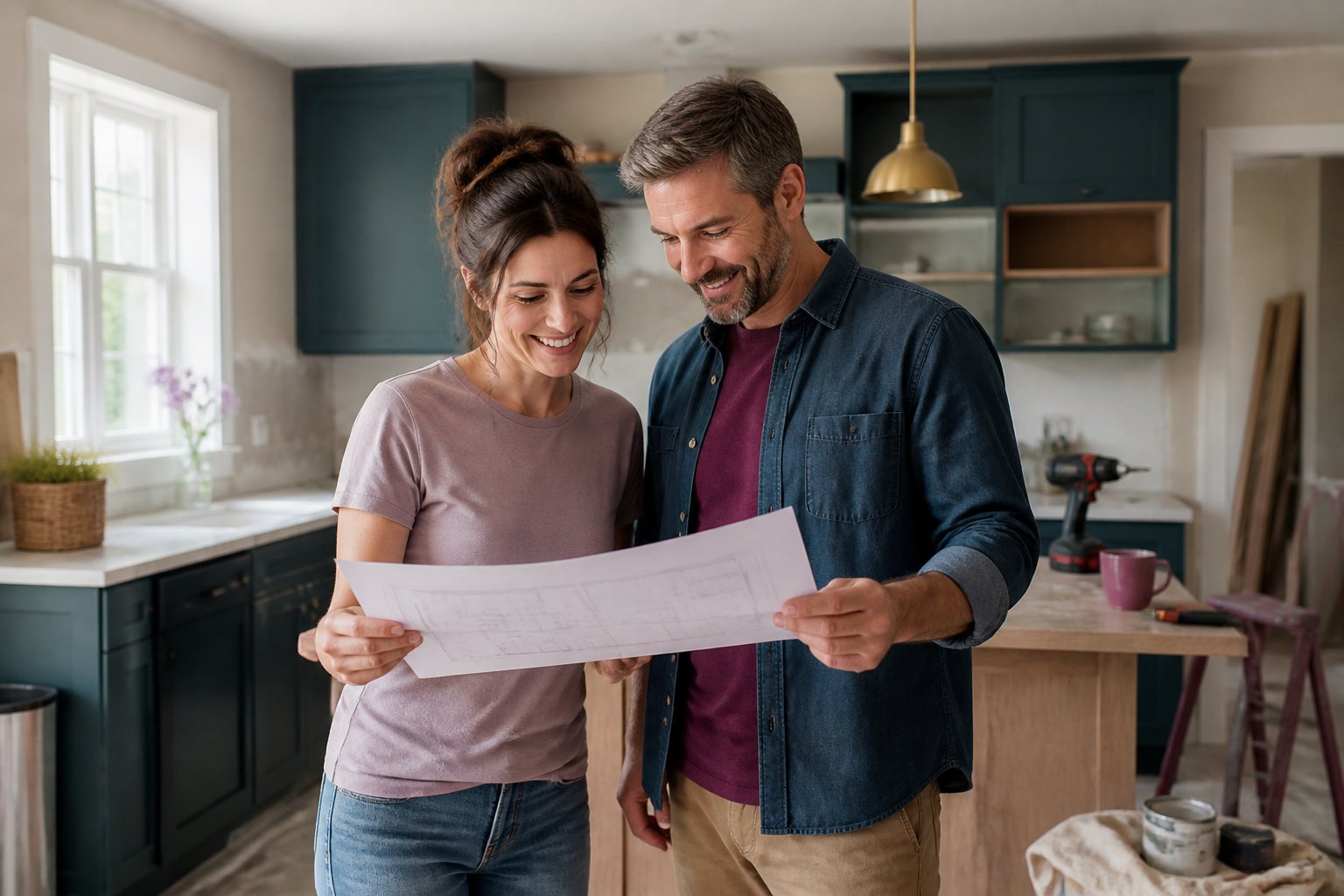 Homeowner reviewing kitchen remodel plans