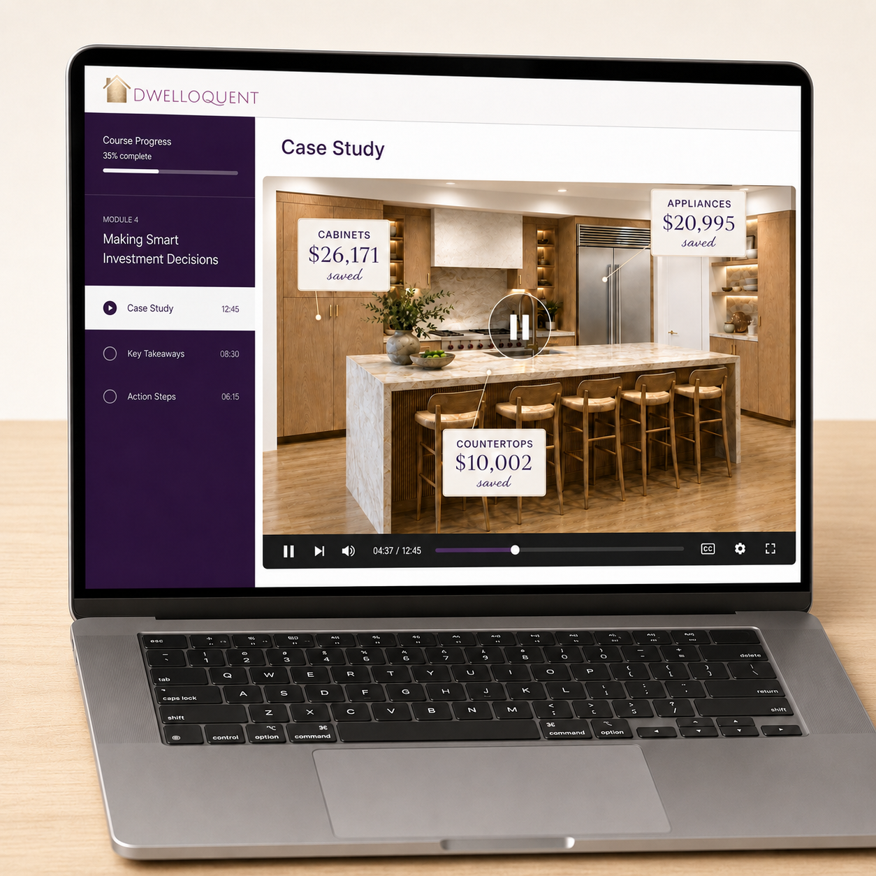 Real kitchen case study video shown on a laptop screen with savings callouts