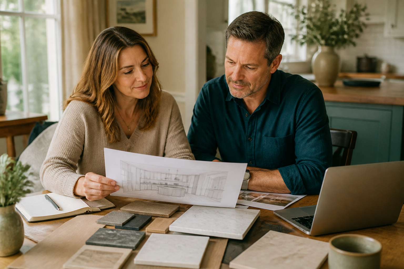 Homeowner planning a kitchen remodel at the kitchen table
