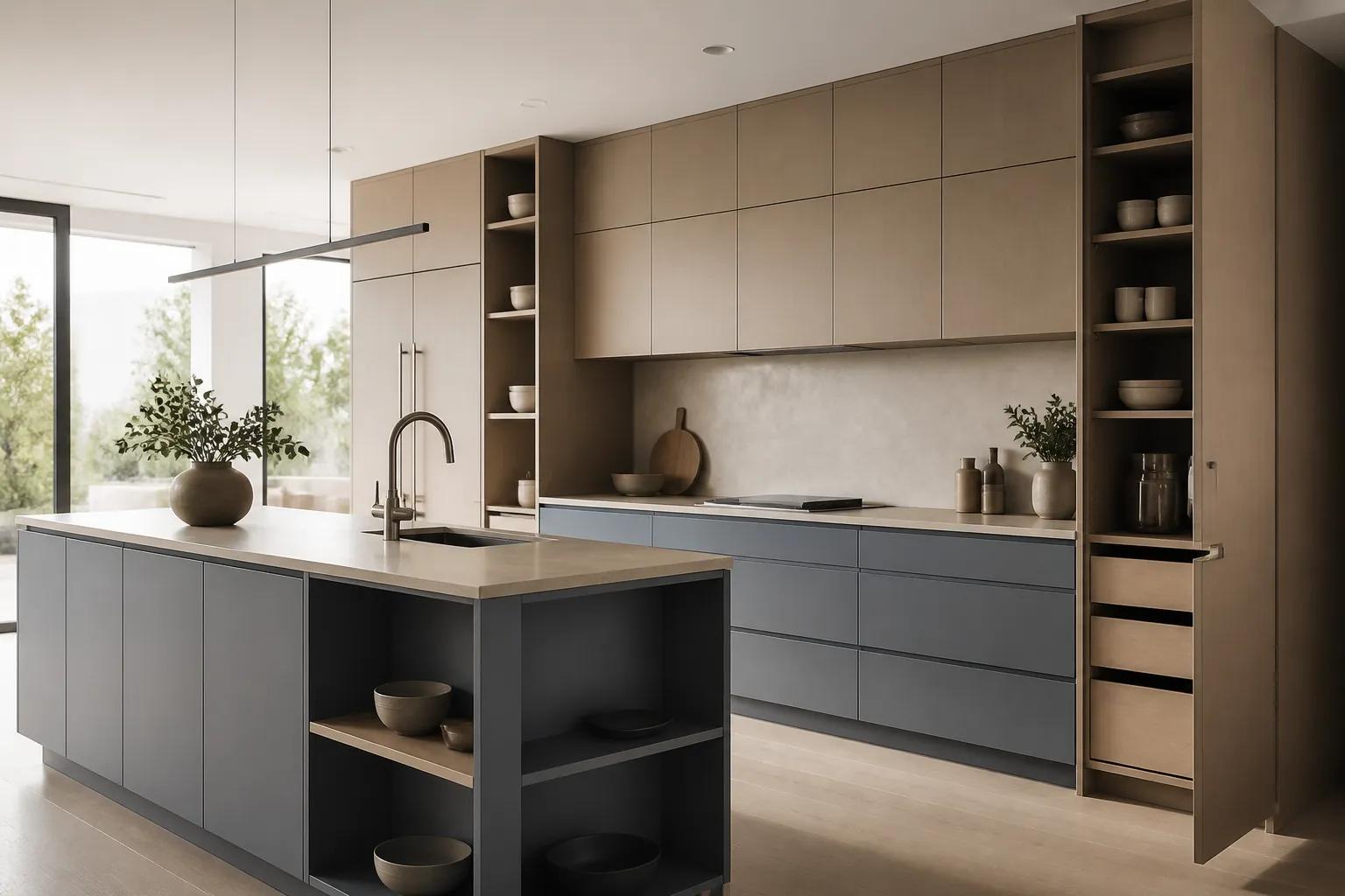 Modern kitchen cabinetry with cool blue-grey accents illustrating how layout affects cabinet pricing