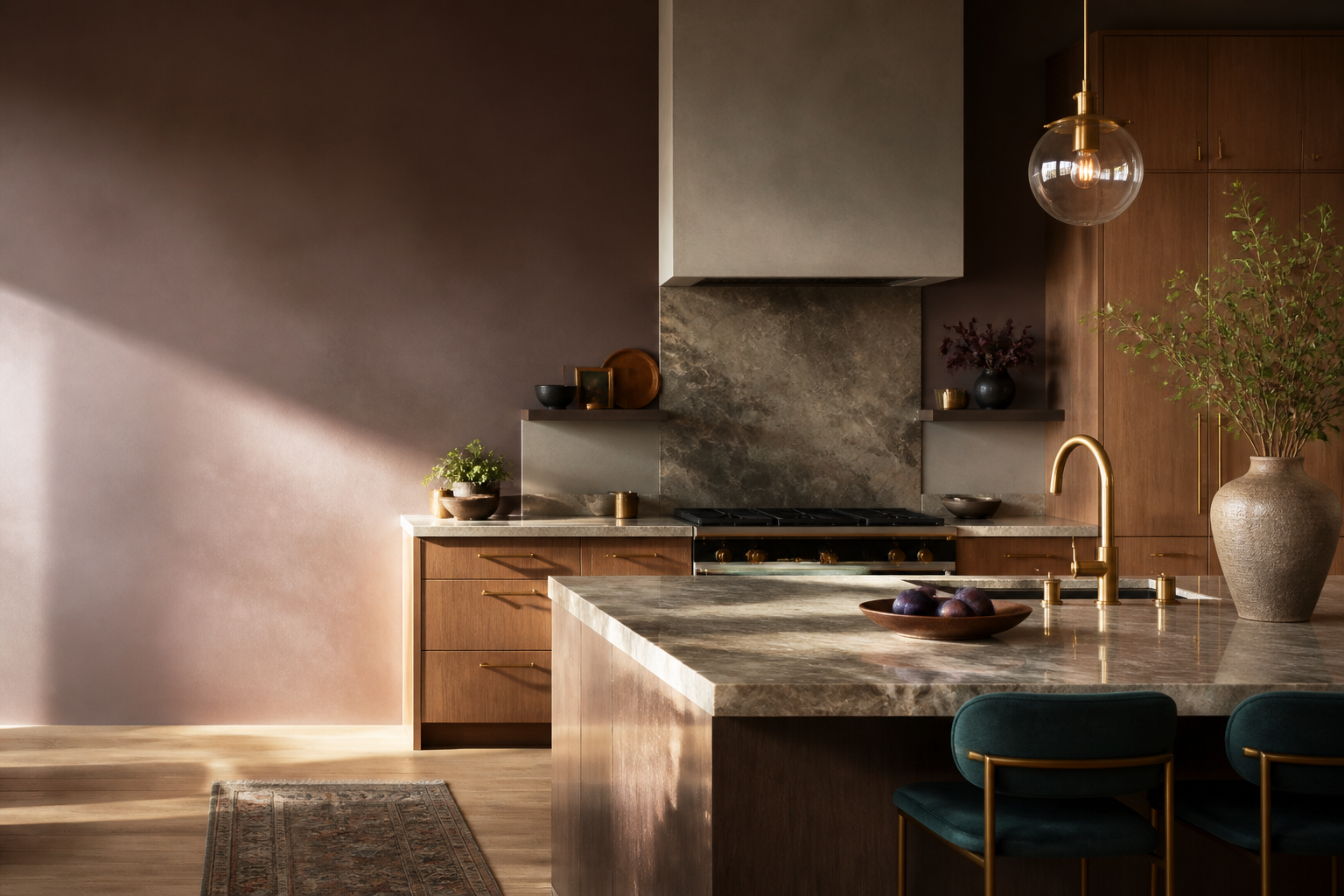 Aspirational high-end kitchen with warm natural light